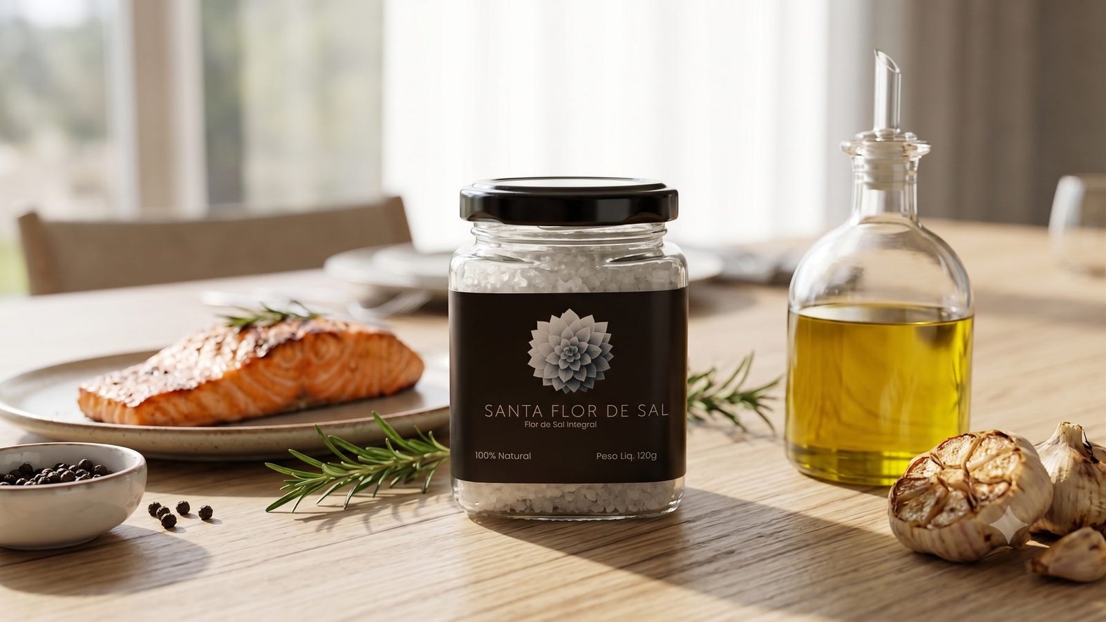 Pote Santa Flor de Sal 120g com cristais de flor de sal à mostra e alguns grãos derramados ao lado