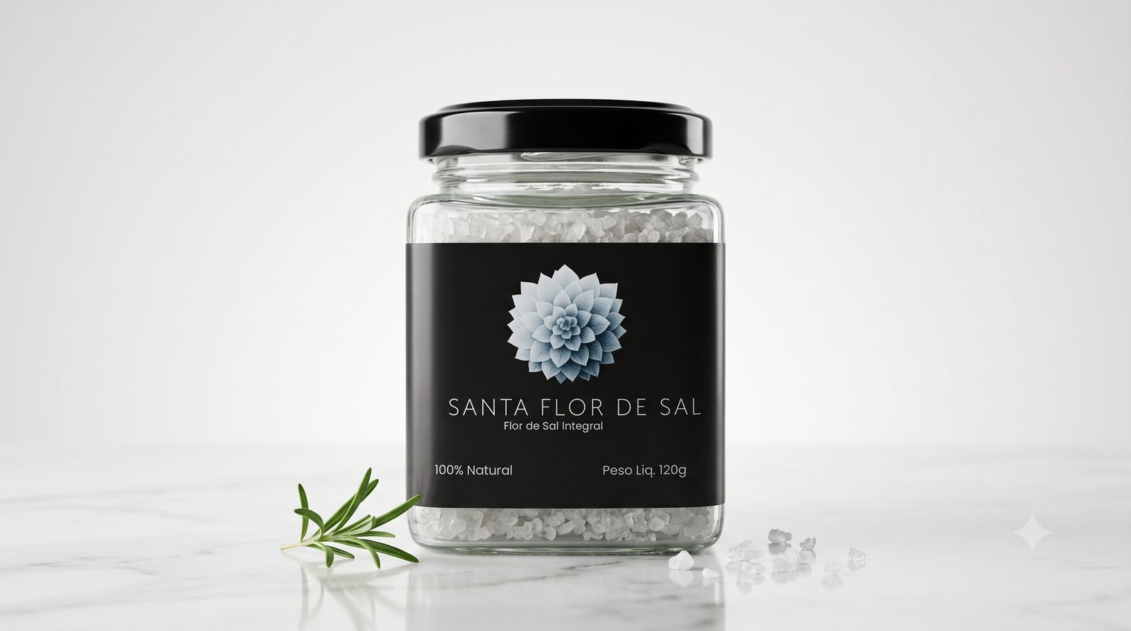 Pote de Flor de Sal Santa Flor de Sal em mesa de madeira ao lado de salmão grelhado, azeite, alecrim e alho